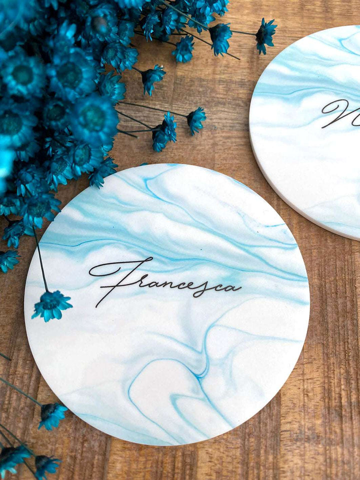 Segnaposti matrimonio in plexiglass effetto marmo azzurro
