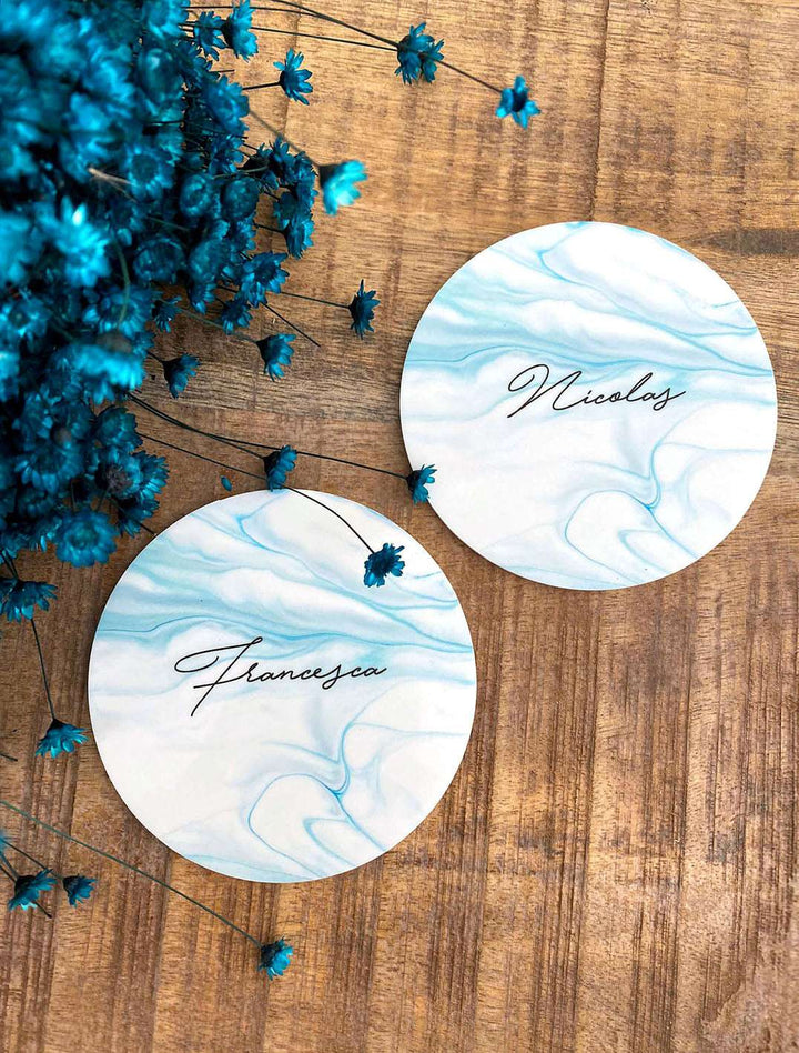 Segnaposti matrimonio in plexiglass effetto marmo azzurro