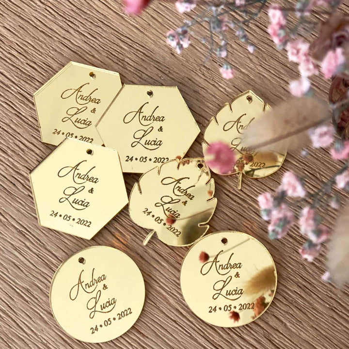 Tag per matrimonio in plexiglass oro specchio