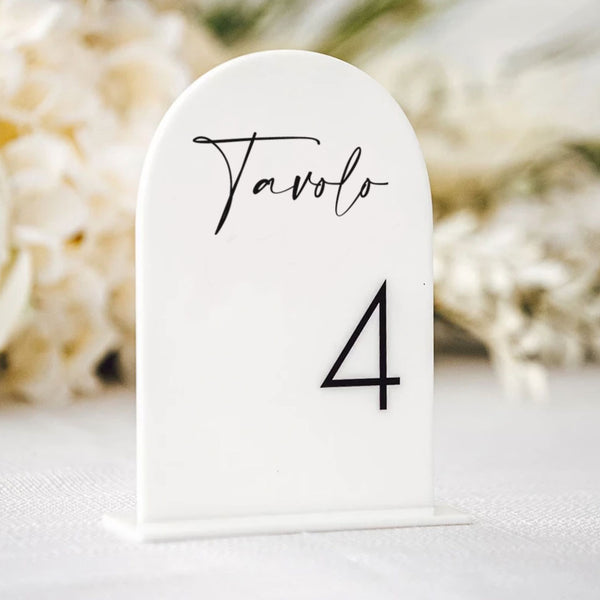 White plexiglass wedding table markers