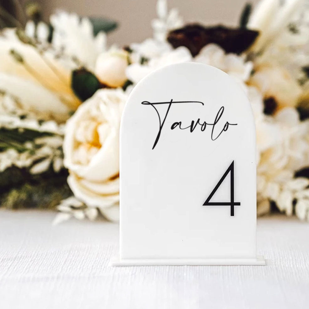 White plexiglass wedding table markers